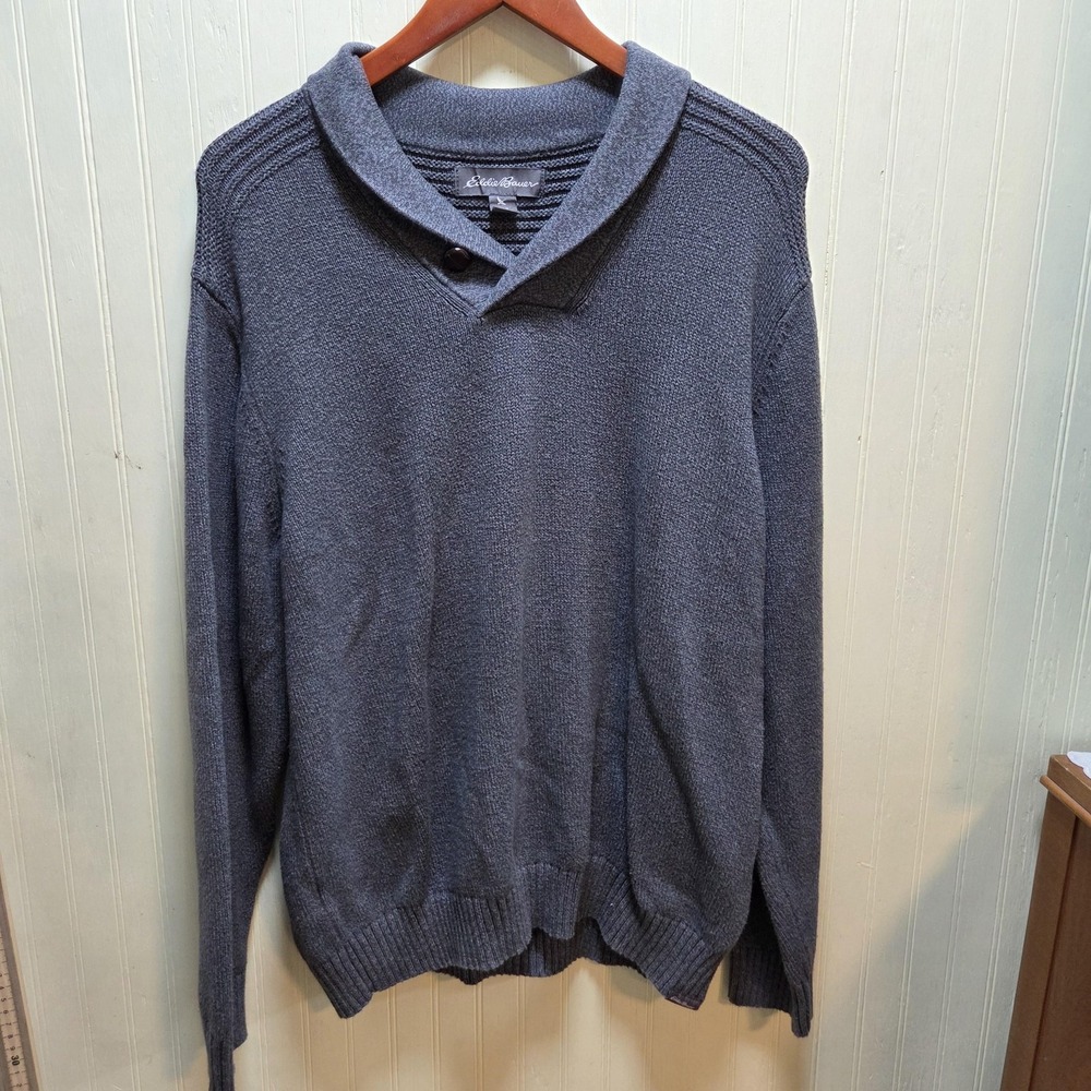 Eddie Bauer Sweater Mens XL Gray Shawl Collar Button 100% Cotton Pullover Knit